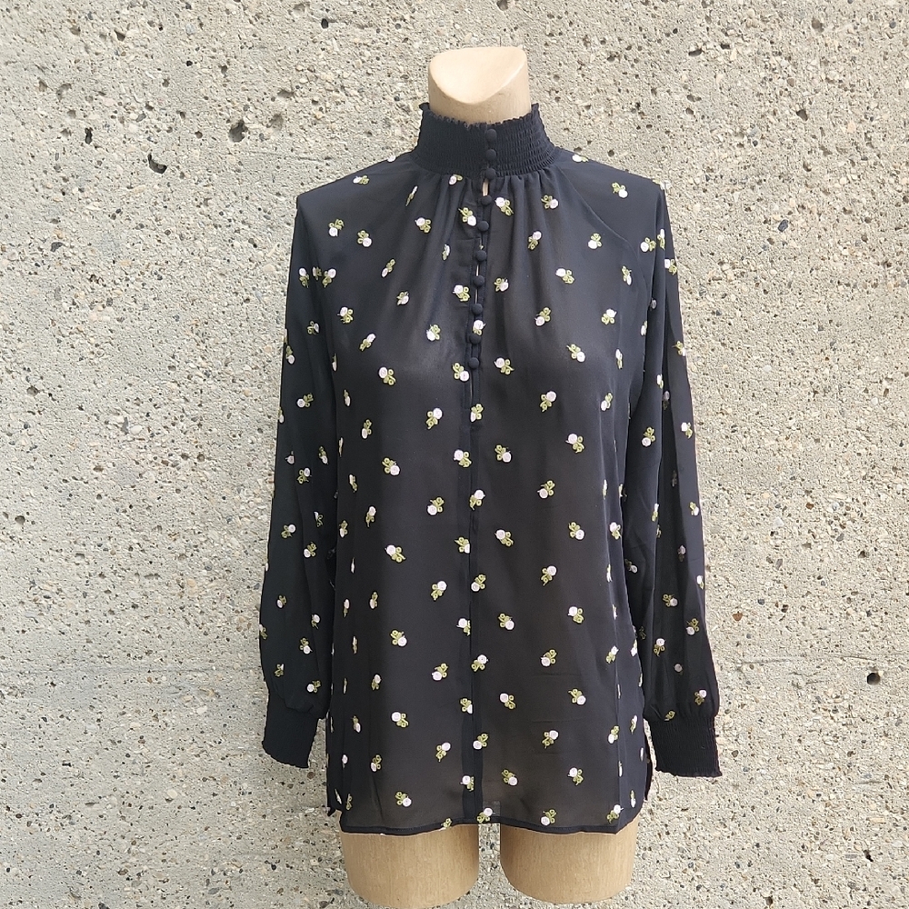 CAbi Black Blouse with White Floral Accents